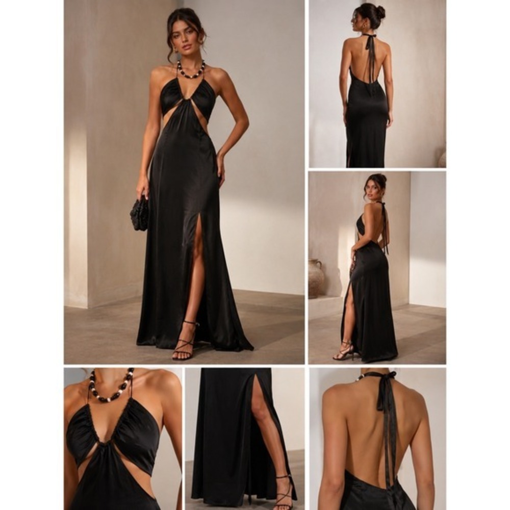 NWT In The Style Black Satin Halter Maxi Dress Quiet Luxury Open Back Size 6